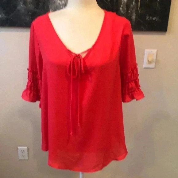 Corvia Salmon Colored Ruffled Sleeves sheer top with Cute Tie Front-Size M - Picture 1 of 5